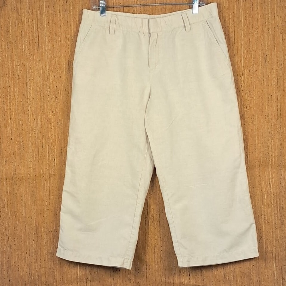 LIZ CLAIBORNE Sz M Linen Cotton Ivory Wide Leg Capri Pants Pockets Coastal Beach